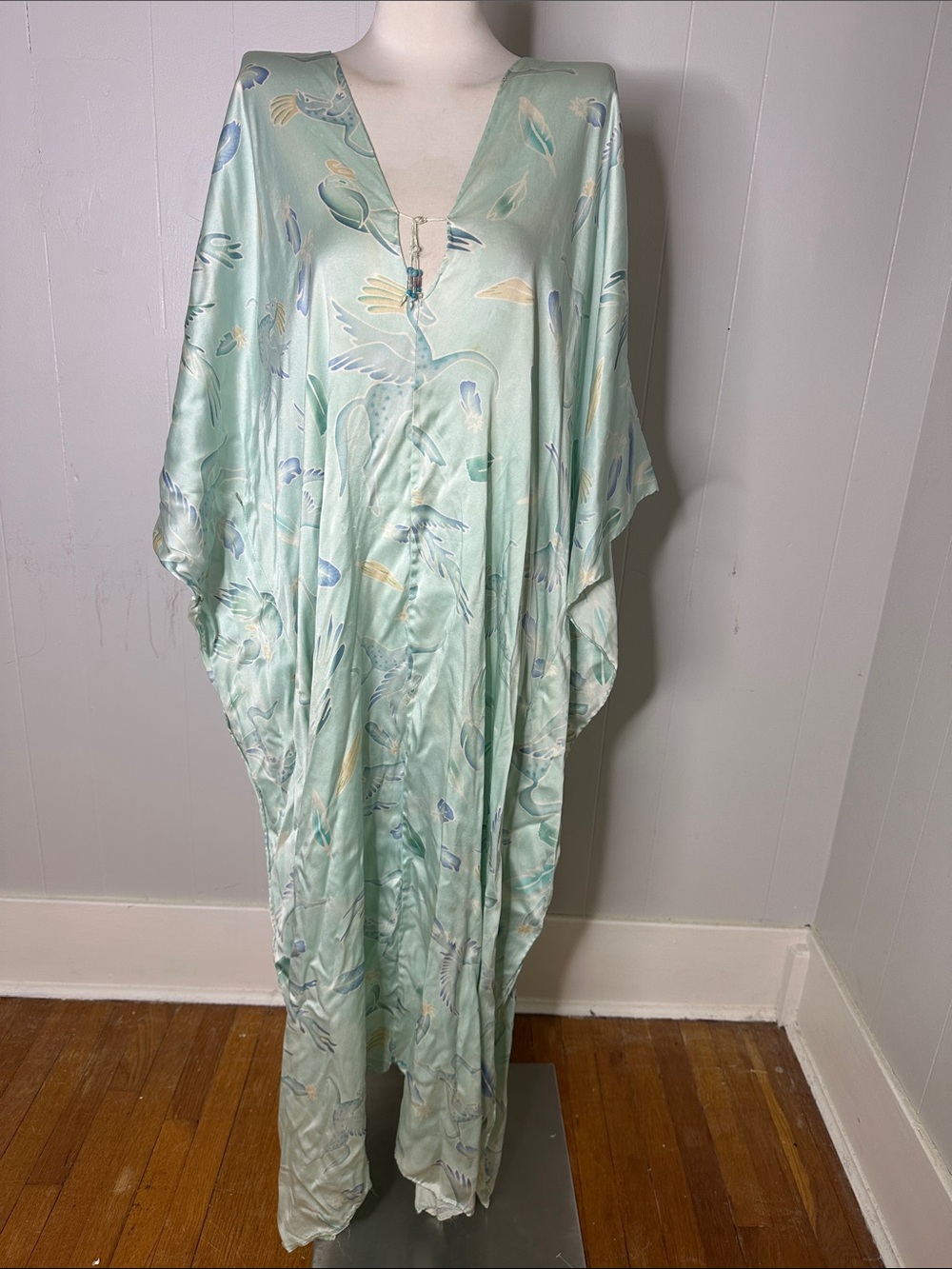 Vintage Artist Signed Hand Rolled Silk Pegasus Bias Cut Caftan As Is